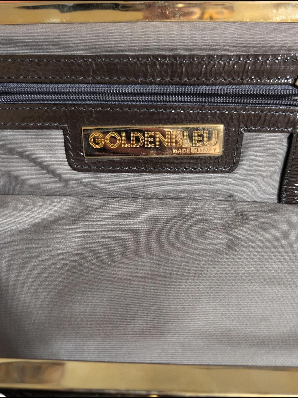 Vintage Goldenbleu Patent Fold-Over Clutch in Deep Brown with Gold Trim